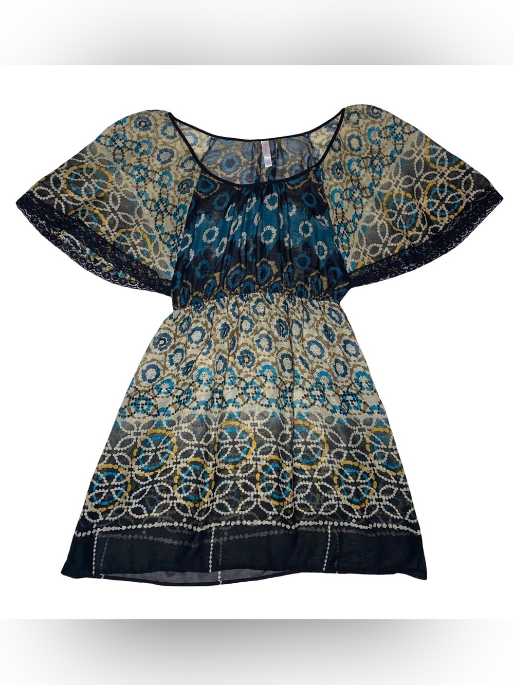 Vintage Y2K Boho Geometric Print Chiffon Flutter Sleeve Empire Waist mini dress